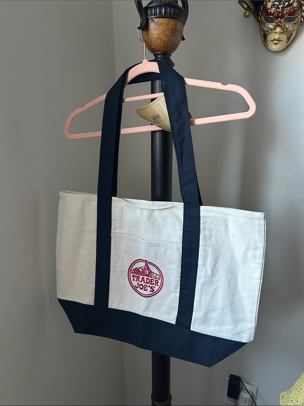Trader Joe's Cream and Navy Canvas Tote Bag